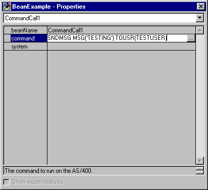 VisualAge BeanExample Properties window - Changing the command of the CommandCall bean