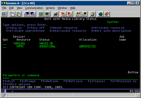 View of tape library TAPMLB01 from System C. The systm only recognizes TAPE02. TAPE02 is in an UNPROTECTED state.