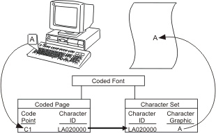 This figure shows what is described in the text.  It shows the letter A being pressed on a keyboard. "A" is Code point C1 on our code page and Character ID LA020000. Character ID LA020000 in our character set is an "A" in the selected style. An "A" prints on the page. The code page and character set together make a coded font.