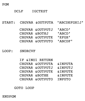 This program shows the use of different keyboard shifts within a CL program. Note how the double-byte data is used only as text values in this program; the commands themselves are in alphanumeric characters. When run, this program shows you how the different keyboard shifts for DDS display files are used.