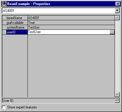 VisualAge BeanExample Properties window - Changing the name of the user ID to TestUser