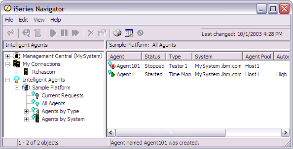 The Intelligent Agents node in Iseries Navigator is represented by a lightbulb icon in the left-hand main menu list view. The node is expanded and beneath it the current running agent platform is expanded to display several views that a user can select to work with agents: Current Requests, All Agents, Agents by Type, and Agents by System. The All Agents view is shown in the right-hand frame, and it displays 2 agents running on the console, 1 in a started state, and 1 in a stopped state.