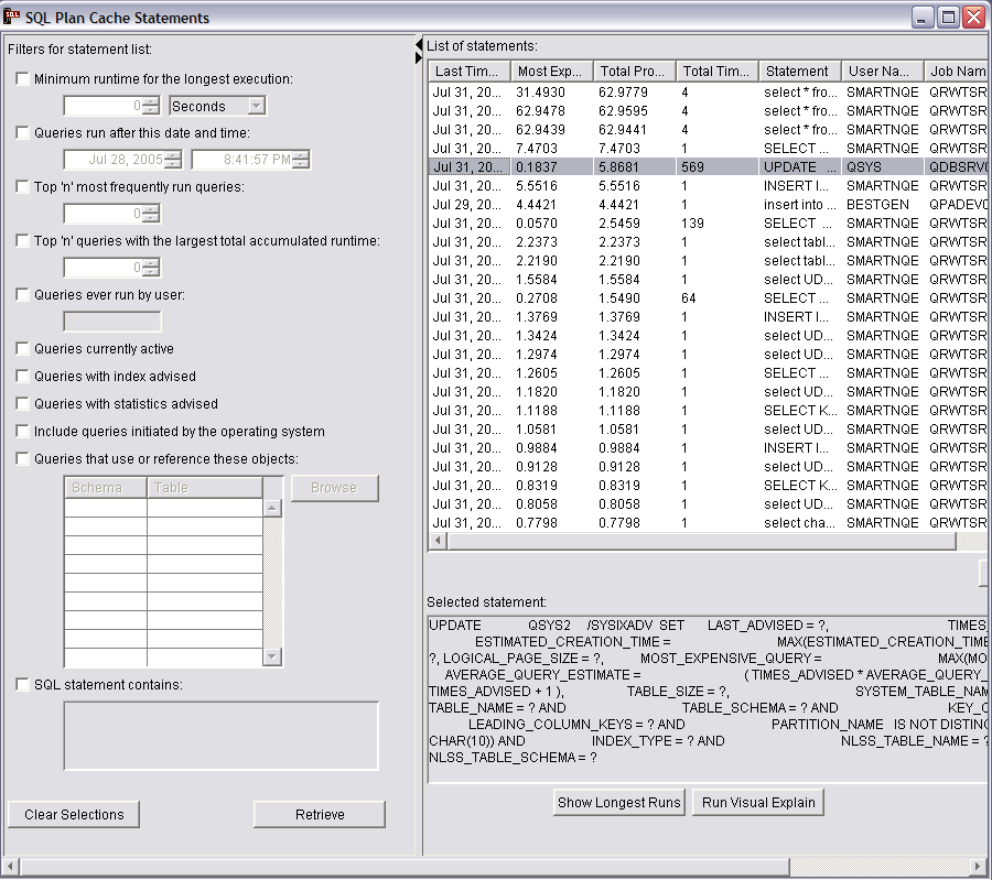 iSeries Navigator - SQL Plan Cache
statements