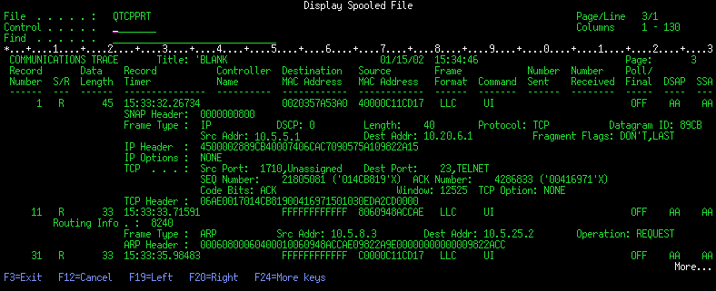 This figure shows
the TCP/IP data portion of a communications trace. A description precedes
the figure.