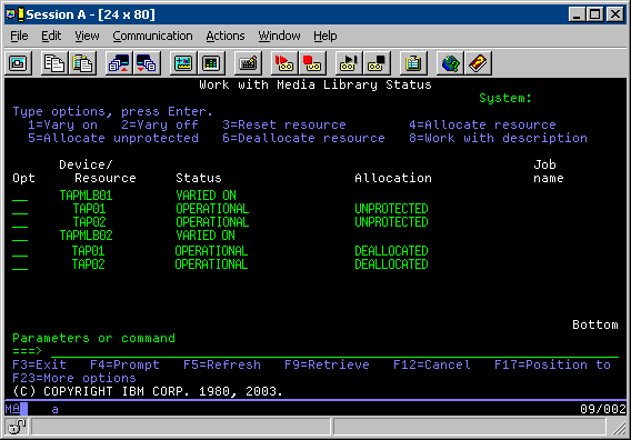 TAPMLB02 is varied on. It recognizes TAP01 and TAP02. Because only one tape library can use a resource, TAP01 and TAP02 must to be set to DEALLOCATED in TAPMLB02.