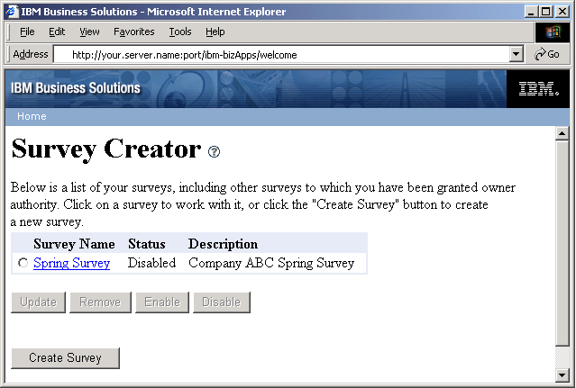 The IBM Survey Creator owner pages