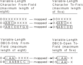 Example of mapping from and
to variable-length fields