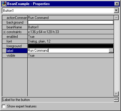 VisualAge BeanExample Properties window - Changing the label of the button to Run Command