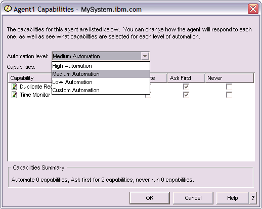 The capabilities dialog allows you to view an agents current capabilites and the level of automation asscoiated with those capabilities