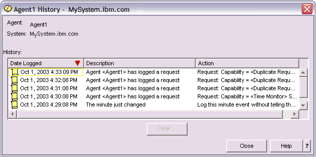 The history dialog displays a list of reqeusts and actions that have been responded to.