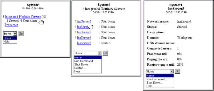 Three images of iSeries Navigator running in an Internet Web browser on a PC. Each image displays details about Integrated xSeries Servers.