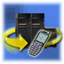 Yellow arrow swirling around iSeries servers with a wireless telephone superimposed in front of these systems.