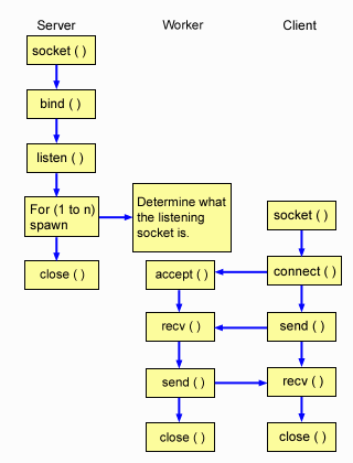 Server, worker, and client job interaction when you use the multiple accept() server design