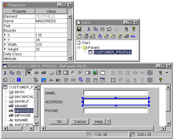 Example of how GUI Builder windows work together