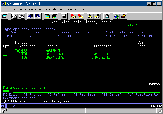 View of tape library TAPMLB01 from System A. The system recognizes both TAPE01 and TAPE02. They are in an UNPROTECTED state.