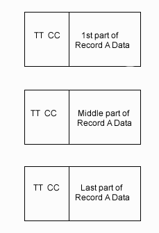 In this diagram, the first
segment of Record A is TT CC and the 1st part of Record A data. The second
segment of Record A is TT CC and the middle part of Record A data. The last
segment of Record A is TT CC and the last part of Record A data.