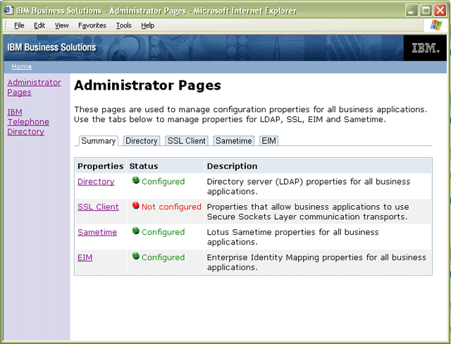 IBM Welcome Page V1.1 administrator pages