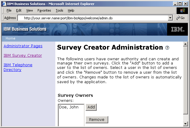 The IBM Survey Creator administration pages